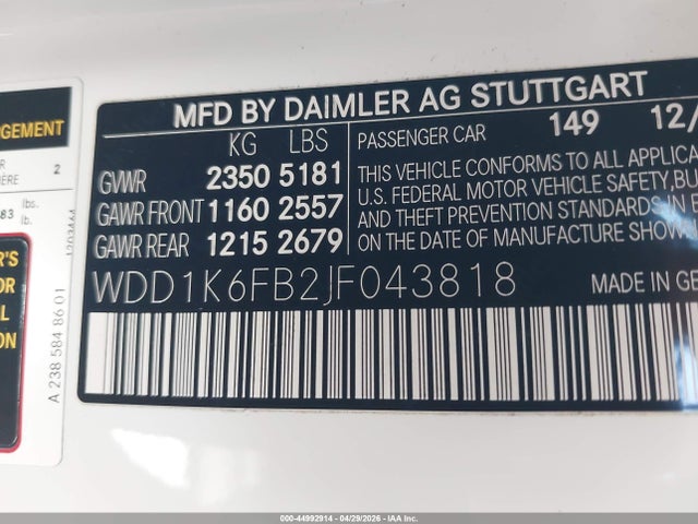 Aukcja sprzedaży 2018 Mercedes-benz E 400, vin: WDD1K6FB2JF043818, numer aukcji: 44992914