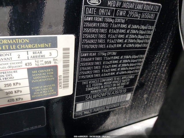 44992920 :رقم المزاد ، SALWR2WF5EA397819 vin ، 2014 Land Rover Range Rover Sport 3.0l V6 Supercharged Hse مزاد بيع