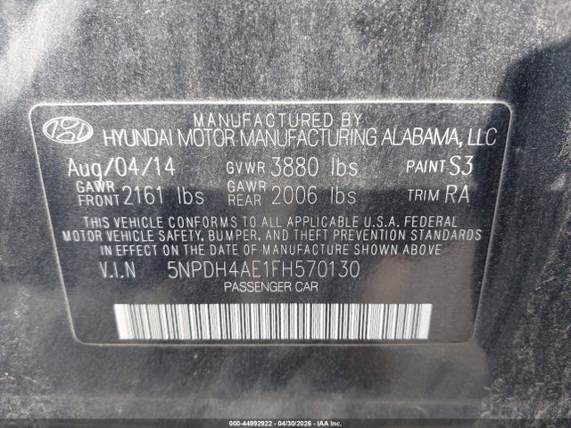 44992922 :رقم المزاد ، 5NPDH4AE1FH570130 vin ، 2015 Hyundai Elantra Se مزاد بيع
