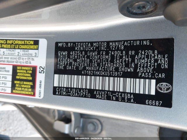44992925 :رقم المزاد ، 4T1B21HK0KU513917 vin ، 2019 Toyota Camry Hybrid Xle مزاد بيع
