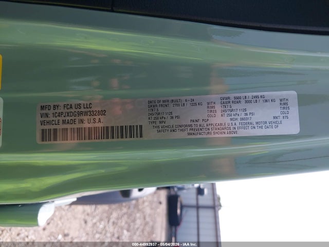 44992937 :رقم المزاد ، 1C4PJXDG9RW332802 vin ، 2024 Jeep Wrangler 4-door Sport 4x4 مزاد بيع