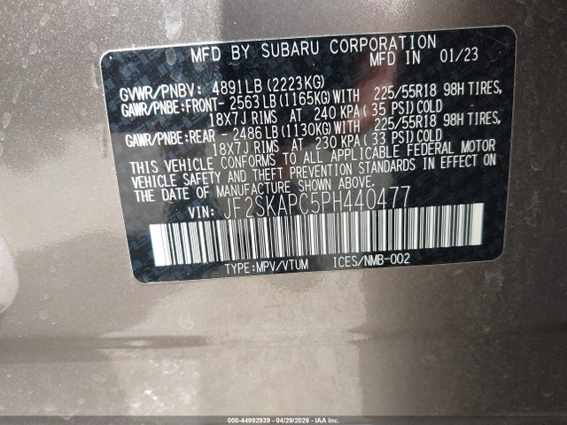 44992939 :رقم المزاد ، JF2SKAPC5PH440477 vin ، 2023 Subaru Forester Limited مزاد بيع