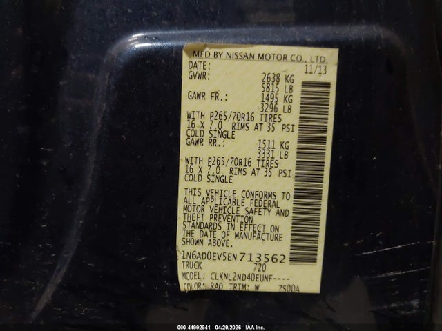 44992941 :رقم المزاد ، 1N6AD0EV5EN713562 vin ، 2014 Nissan Frontier Sv مزاد بيع