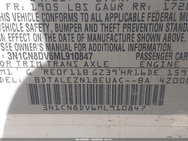 Nissan Versa S Xtronic Cvt 2021 3N1CN8DV6ML910847 Image 9