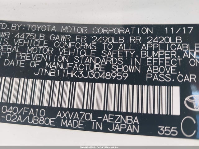 Продажа на аукционе авто 2018 Toyota Camry Le, vin: JTNB11HK3J3048959, номер лота: 44992955