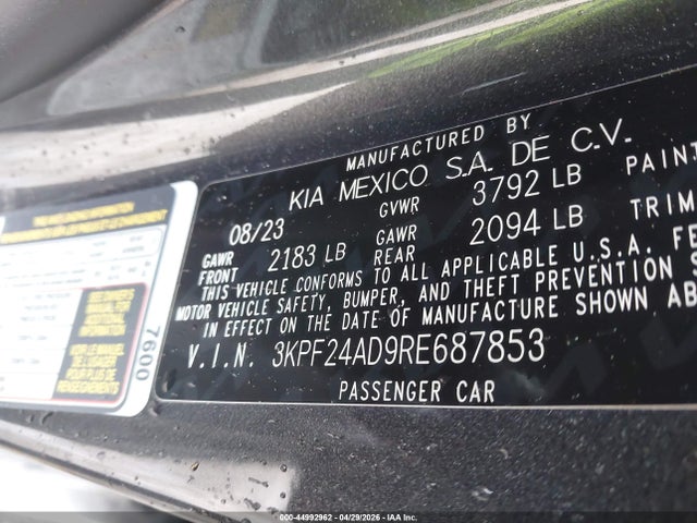 2024 Kia Forte Lx მანქანა იყიდება აუქციონზე, vin: 3KPF24AD9RE687853, აუქციონის ნომერი: 44992962
