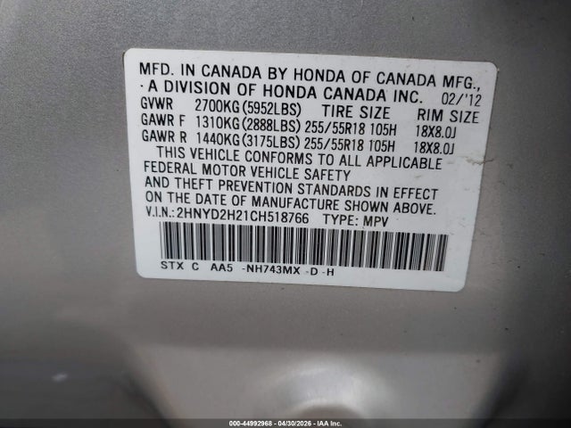 Aukcja sprzedaży 2012 Acura Mdx, vin: 2HNYD2H21CH518766, numer aukcji: 44992968