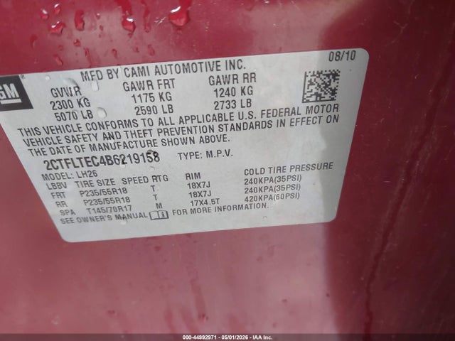 Aukcja sprzedaży 2011 Gmc Terrain Sle-2, vin: 2CTFLTEC4B6219158, numer aukcji: 44992971