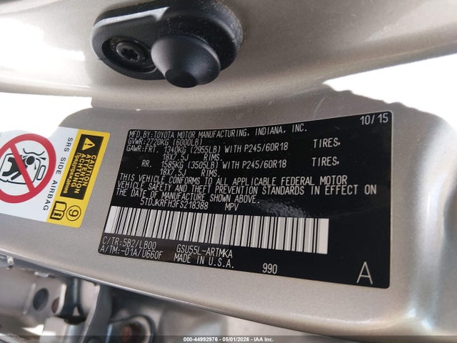 44992976 :رقم المزاد ، 5TDJKRFH3FS218388 vin ، 2015 Toyota Highlander Xle V6 مزاد بيع