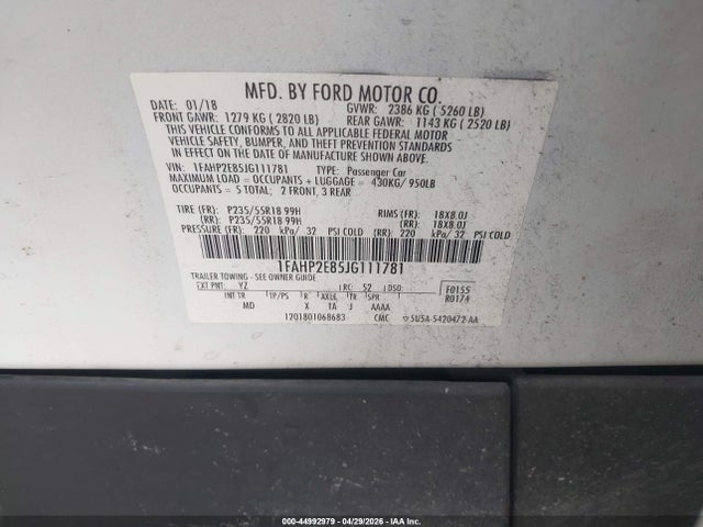 Ford TAURUS SEL 2018 1FAHP2E85JG111781 Image 9