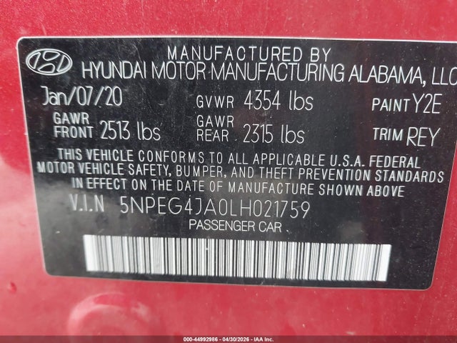 2020 Hyundai Sonata Se მანქანა იყიდება აუქციონზე, vin: 5NPEG4JA0LH021759, აუქციონის ნომერი: 44992986