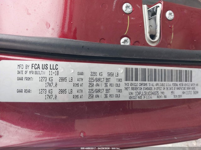 Продажа на аукционе авто 2019 Jeep Cherokee Latitude Fwd, vin: 1C4PJLCB1KD340375, номер лота: 44993017