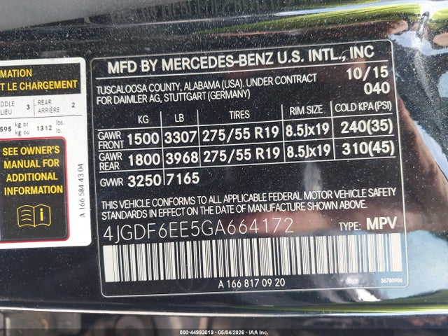 Aukcja sprzedaży 2016 Mercedes-benz Gl 450 4matic, vin: 4JGDF6EE5GA664172, numer aukcji: 44993019