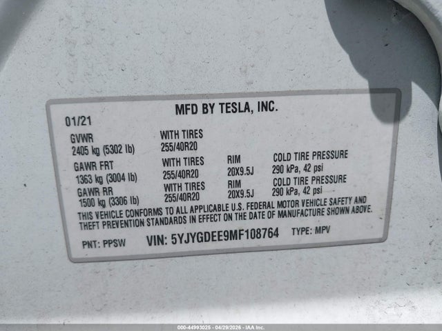 Auction sale of the 2021 Tesla Model Y Long Range Dual Motor All-wheel Drive, vin: 5YJYGDEE9MF108764, lot number: 44993025