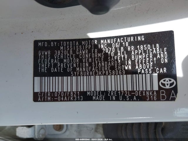 Aukcja sprzedaży 2019 Toyota Corolla Le, vin: 5YFBURHE3KP858069, numer aukcji: 44993044