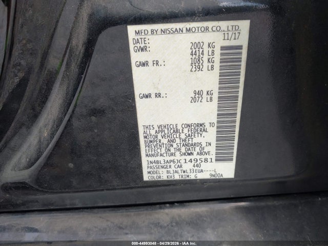 Продажа на аукционе авто 2018 Nissan Altima 3.5 Sl, vin: 1N4BL3AP6JC149581, номер лота: 44993048