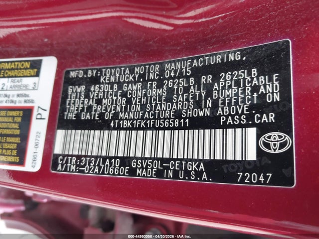 Продаж на аукціоні авто 2015 Toyota Camry Xle V6, vin: 4T1BK1FK1FU565811, номер лоту: 44993050