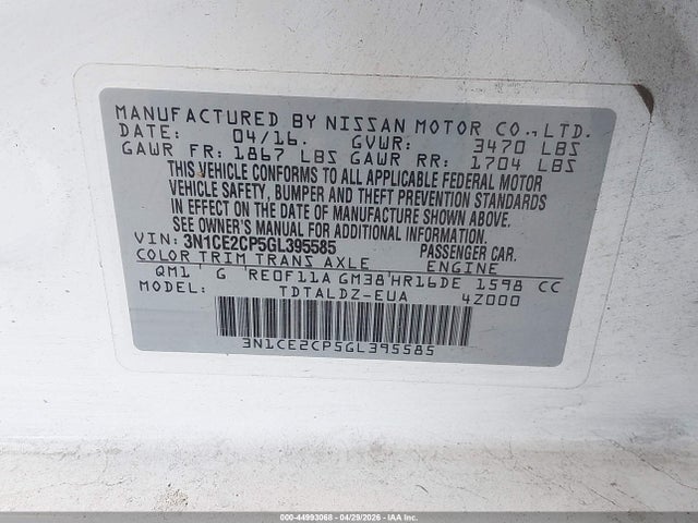 Nissan Versa Note Sv 2016 3N1CE2CP5GL395585 Image 9
