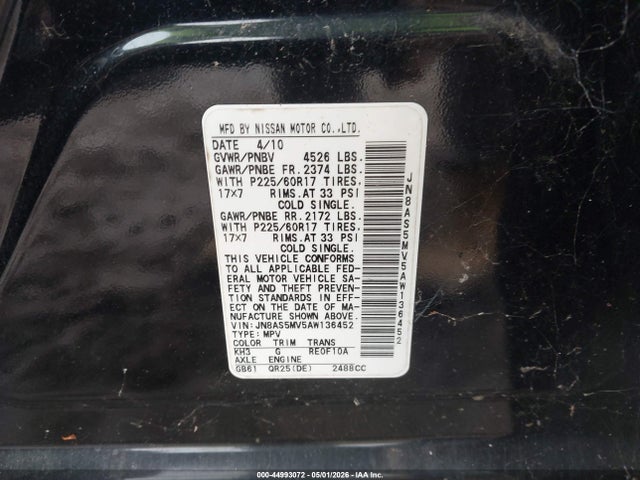 44993072 :رقم المزاد ، JN8AS5MV5AW136452 vin ، 2010 Nissan Rogue Sl مزاد بيع