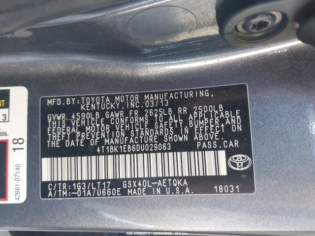 2013 Toyota Avalon Xle Touring მანქანა იყიდება აუქციონზე, vin: 4T1BK1EB6DU029063, აუქციონის ნომერი: 44993073