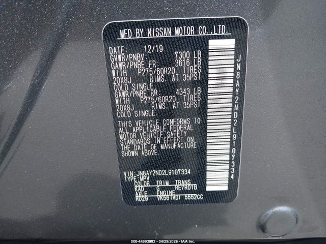 Aukcja sprzedaży 2020 Nissan Armada Sl 2wd, vin: JN8AY2ND2L9107334, numer aukcji: 44993082