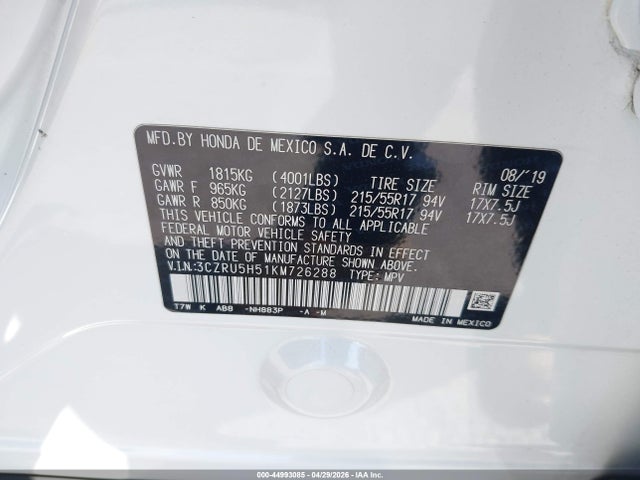 Продажа на аукционе авто 2019 Honda Hr-v Ex, vin: 3CZRU5H51KM726288, номер лота: 44993085
