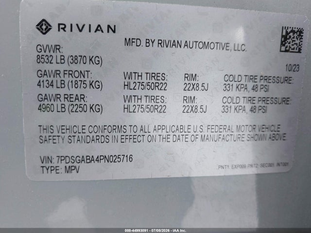 Auction sale of the 2023 Rivian R1s Adventure, vin: 7PDSGABA4PN025716, lot number: 44993091
