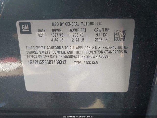 Продажа на аукционе авто 2011 Chevrolet Cruze Ltz, vin: 1G1PH5S93B7189312, номер лота: 44993102