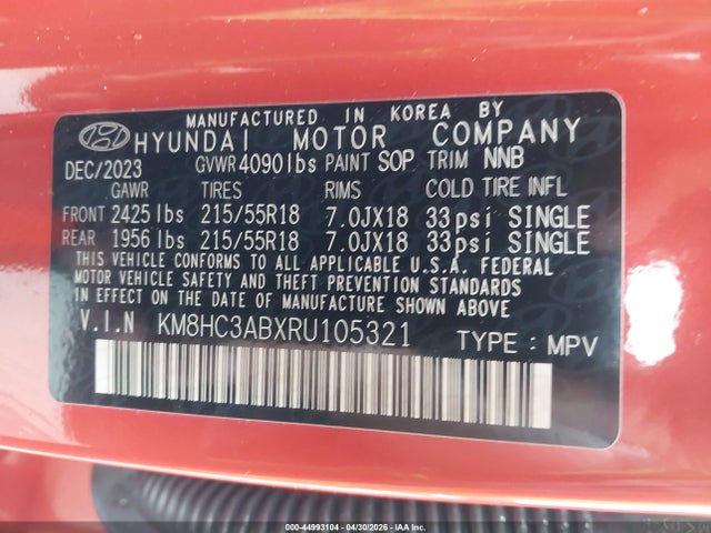 Aukcja sprzedaży 2024 Hyundai Kona Sel, vin: KM8HC3ABXRU105321, numer aukcji: 44993104