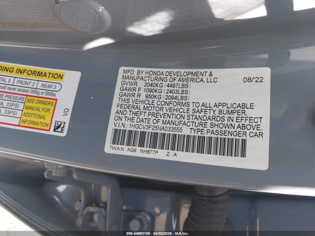 44993108 :رقم المزاد ، 1HGCV3F25NA033555 vin ، 2022 Honda Accord Hybrid Sport مزاد بيع