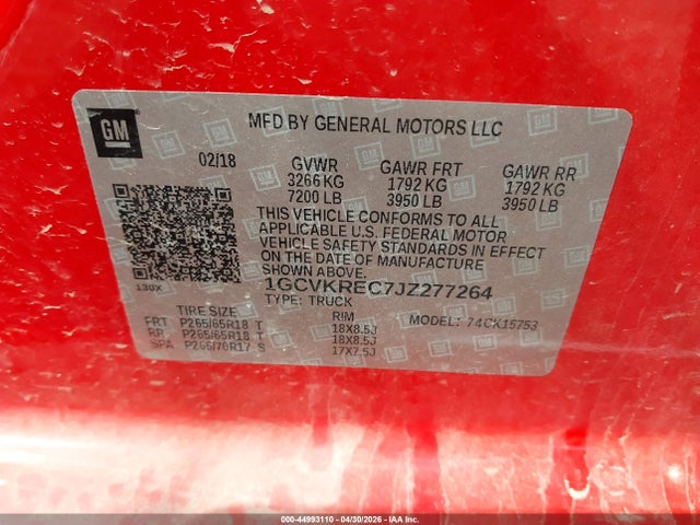 Aukcja sprzedaży 2018 Chevrolet Silverado 1500 2lt, vin: 1GCVKREC7JZ277264, numer aukcji: 44993110
