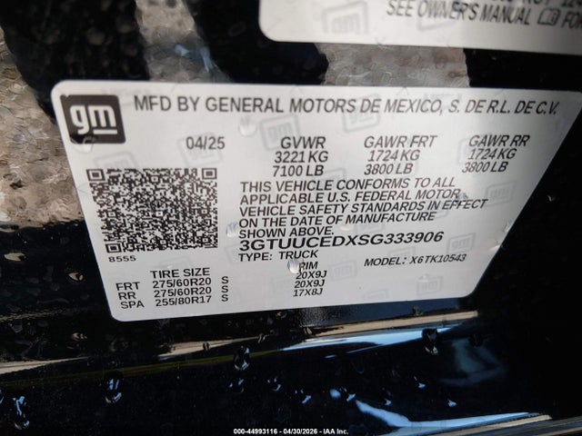44993116 :رقم المزاد ، 3GTUUCEDXSG333906 vin ، 2025 Gmc Sierra 1500 4wd  Short Box Elevation With 3sb مزاد بيع