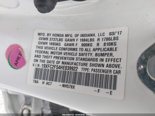 Aukcja sprzedaży 2017 Honda Civic Lx, vin: 19XFC2F54HE039922, numer aukcji: 44993123