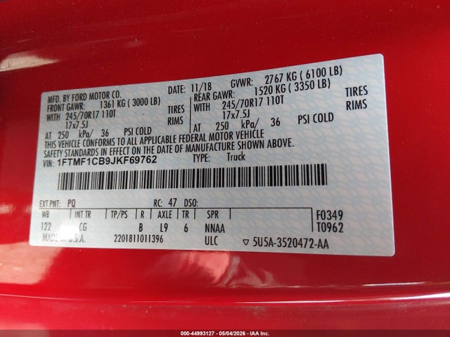 Ford F-150 Xl 2018 1FTMF1CB9JKF69762 Image 9