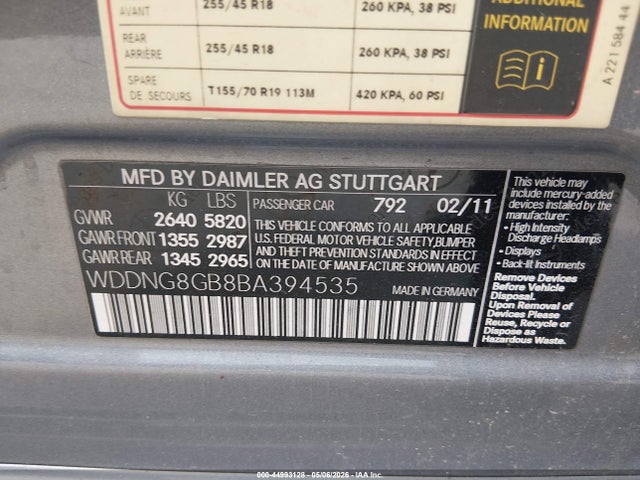 44993128 :رقم المزاد ، WDDNG8GB8BA394535 vin ، 2011 Mercedes-benz S 550 4matic مزاد بيع