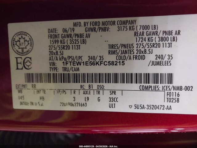 2019 Ford F-150 Lariat მანქანა იყიდება აუქციონზე, vin: 1FTEW1E56KFC58215, აუქციონის ნომერი: 44993129