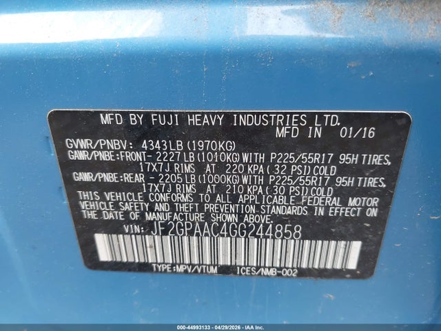 44993133 :رقم المزاد ، JF2GPAAC4GG244858 vin ، 2016 Subaru Crosstrek 2.0i مزاد بيع