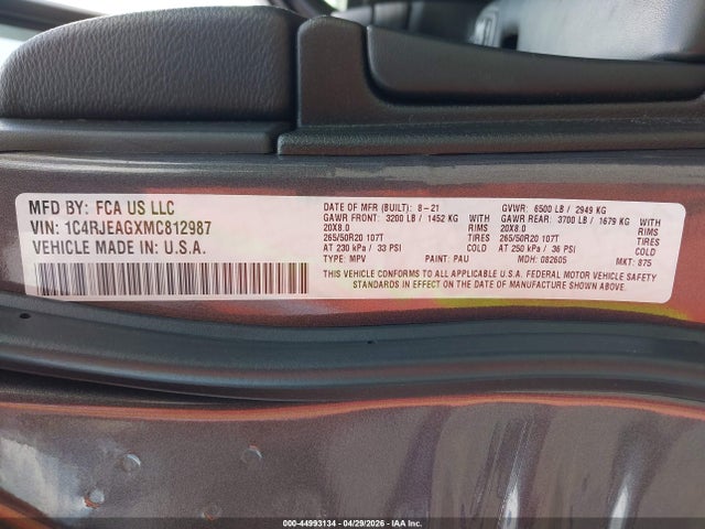 Aukcja sprzedaży 2021 Jeep Grand Cherokee Laredo X 4x2, vin: 1C4RJEAGXMC812987, numer aukcji: 44993134