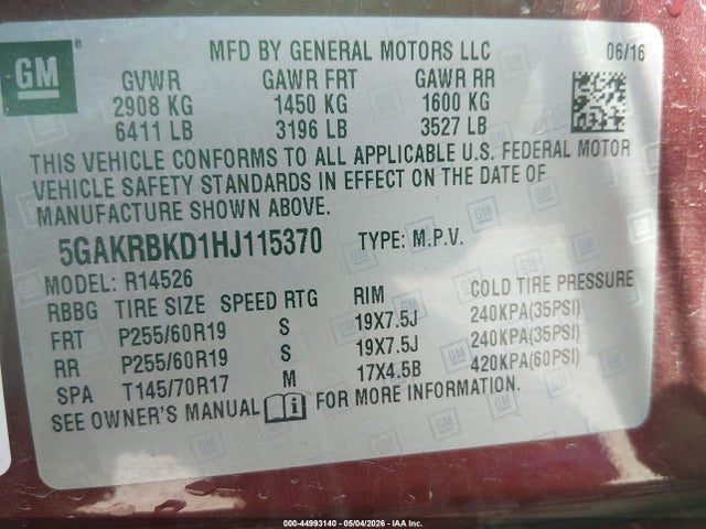 Aukcja sprzedaży 2017 Buick Enclave Leather, vin: 5GAKRBKD1HJ115370, numer aukcji: 44993140