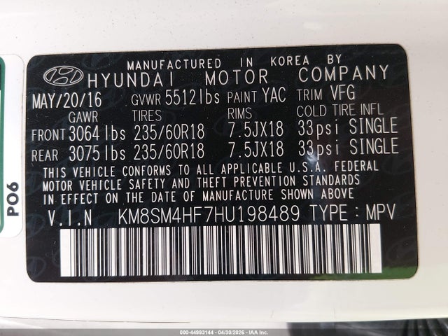 44993144 :رقم المزاد ، KM8SM4HF7HU198489 vin ، 2017 Hyundai Santa Fe Se مزاد بيع
