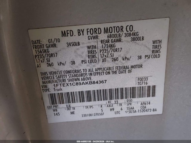 Продажа на аукционе авто 2010 Ford F-150 Fx2 Sport/stx/xl/xlt, vin: 1FTEX1C89AKB84367, номер лота: 44993158