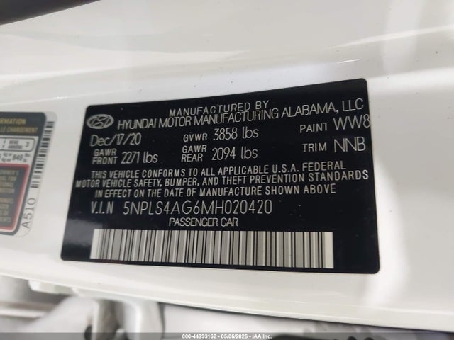 44993162 :رقم المزاد ، 5NPLS4AG6MH020420 vin ، 2021 Hyundai Elantra Sel مزاد بيع