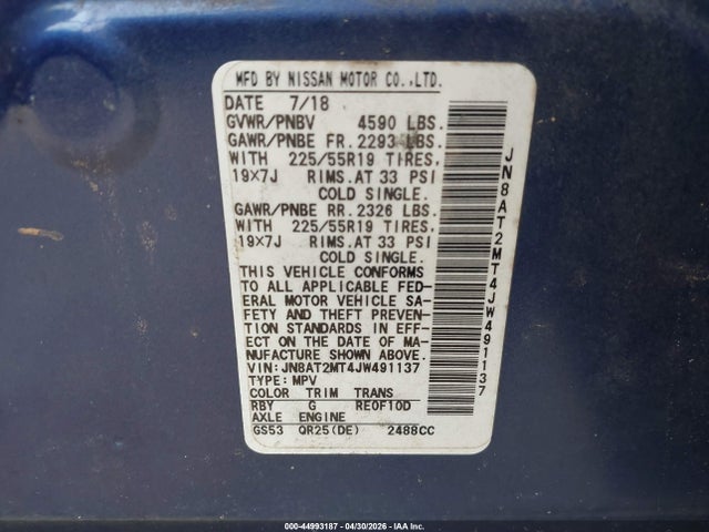 Aukcja sprzedaży 2018 Nissan Rogue Sl, vin: JN8AT2MT4JW491137, numer aukcji: 44993187