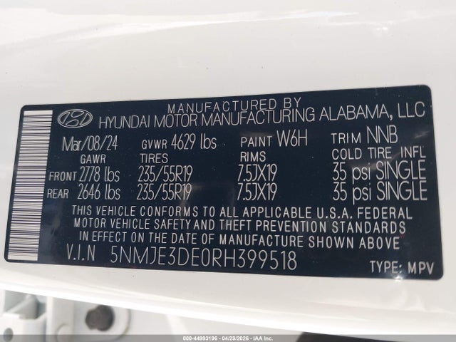 44993196 :رقم المزاد ، 5NMJE3DE0RH399518 vin ، 2024 Hyundai Tucson Limited مزاد بيع