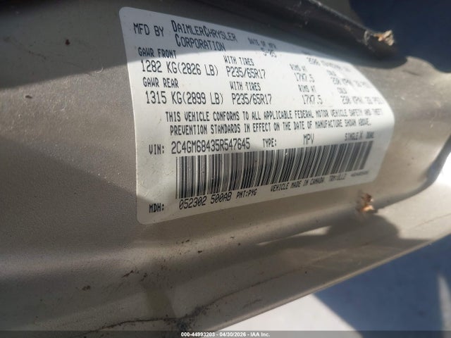 2005 Chrysler Pacifica Touring მანქანა იყიდება აუქციონზე, vin: 2C4GM68435R547645, აუქციონის ნომერი: 44993203