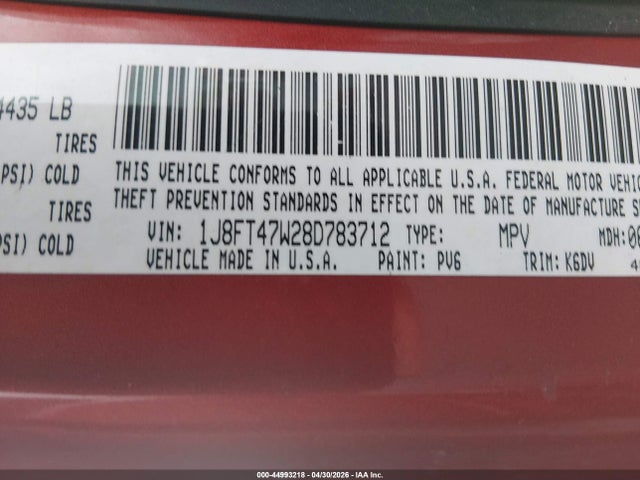 2008 Jeep Compass Sport მანქანა იყიდება აუქციონზე, vin: 1J8FT47W28D783712, აუქციონის ნომერი: 44993218