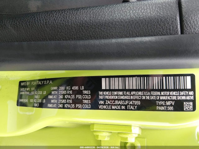 Aukcja sprzedaży 2018 Jeep Renegade Sport 4x4, vin: ZACCJBAB3JPJ47959, numer aukcji: 44993226