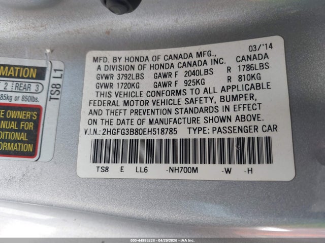 Продажа на аукционе авто 2014 Honda Civic Ex, vin: 2HGFG3B80EH518785, номер лота: 44993228