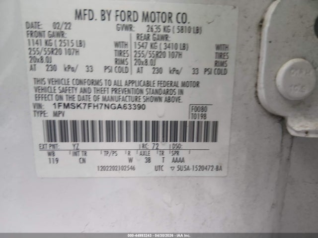 Aukcja sprzedaży 2022 Ford Explorer Limited, vin: 1FMSK7FH7NGA63390, numer aukcji: 44993243