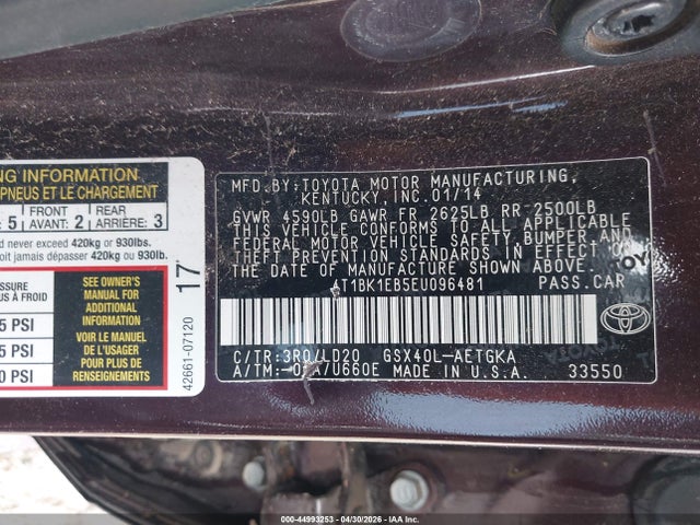 Aukcja sprzedaży 2014 Toyota Avalon Xle, vin: 4T1BK1EB5EU096481, numer aukcji: 44993253